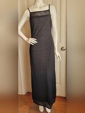 Vintage 90s Black Maxi Velvet And Mesh Slip Dress with Sheer Yoke M
